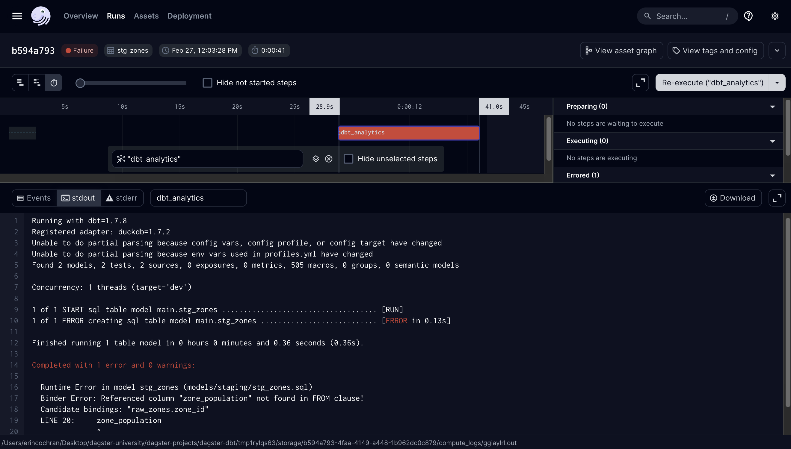 stdout logs showing failure for std_zones materialization in the Dagster UI