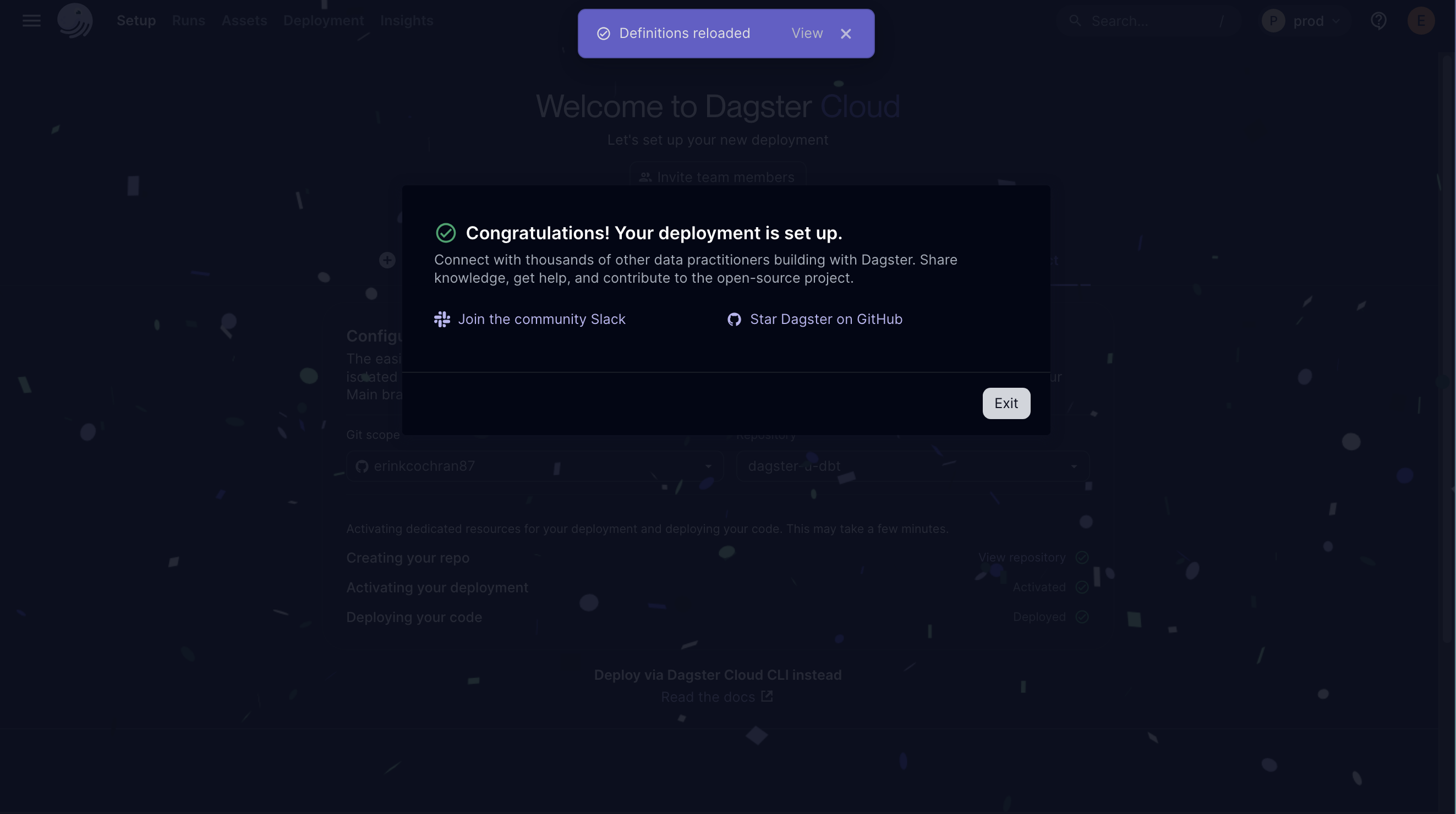 Successful deployment screen in Dagster+