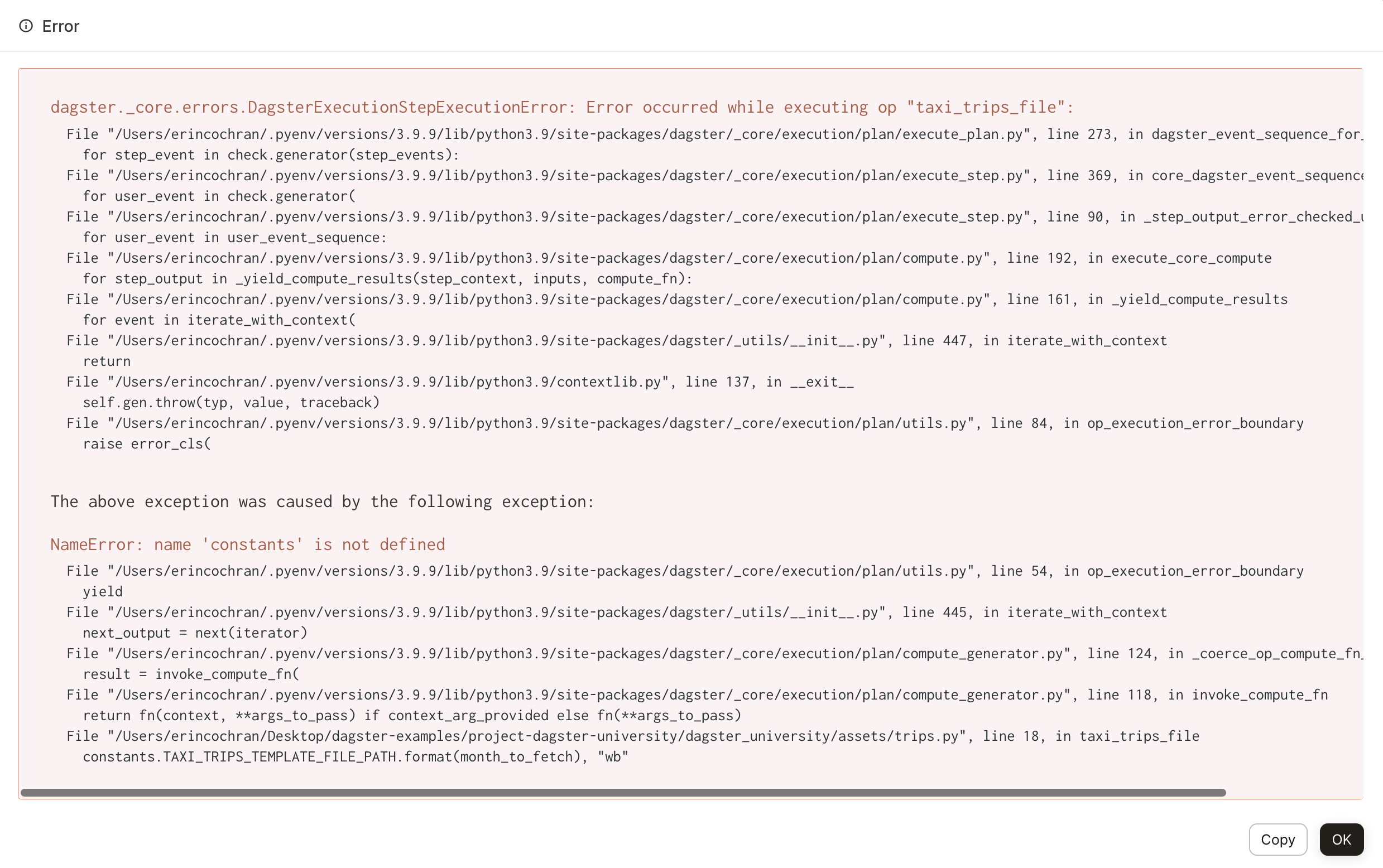 Full stacktrace error displayed in the Dagster UI after clicking  View full message in the Run logs