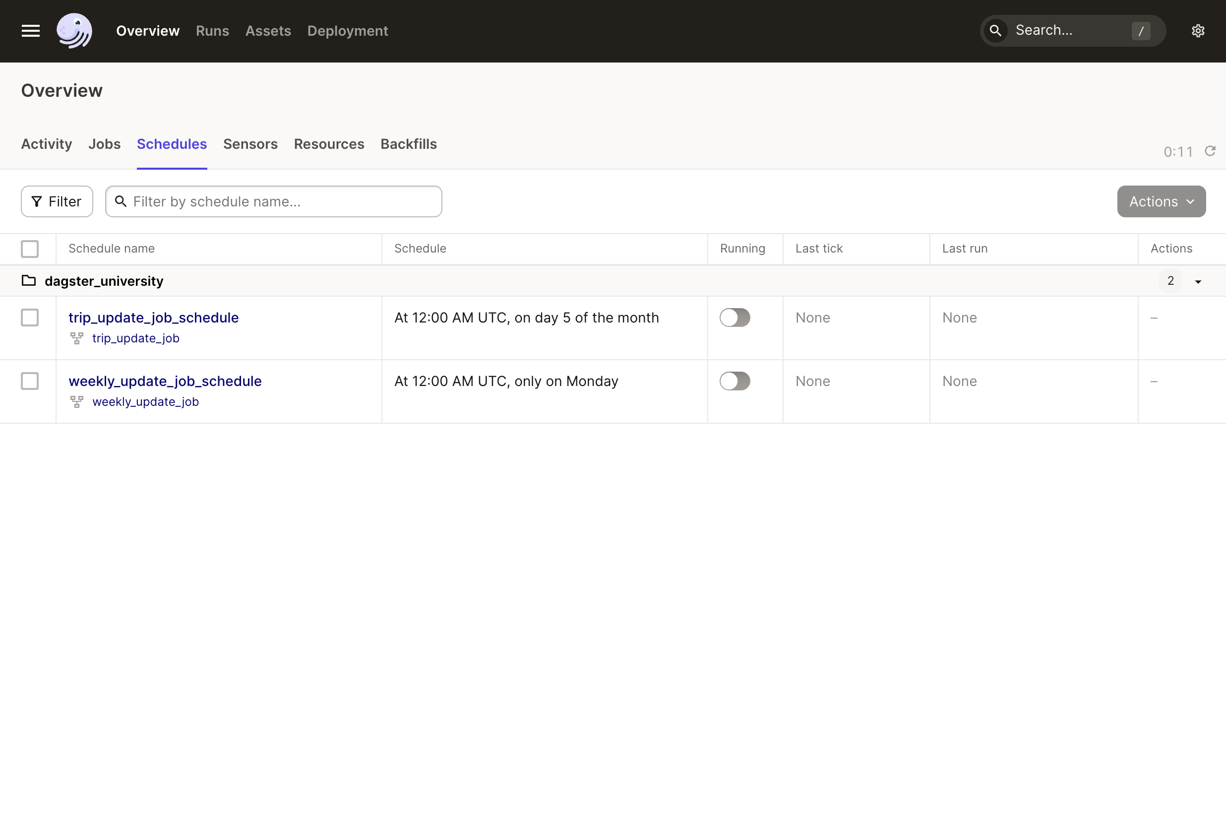 The Schedules tab in the Dagster UI